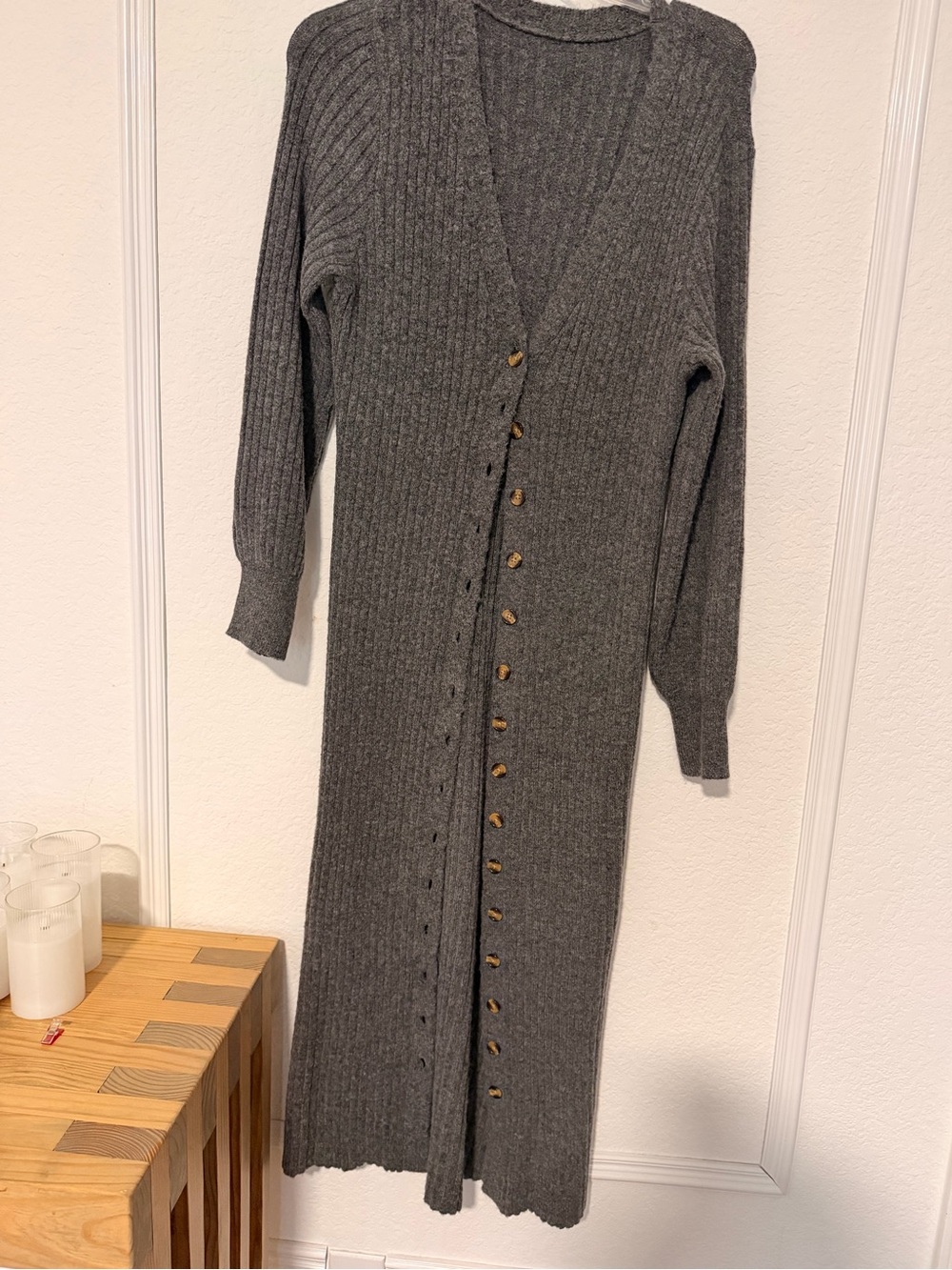 Long Ribbed Button-Front Knit Cardigan Dress - Gray
